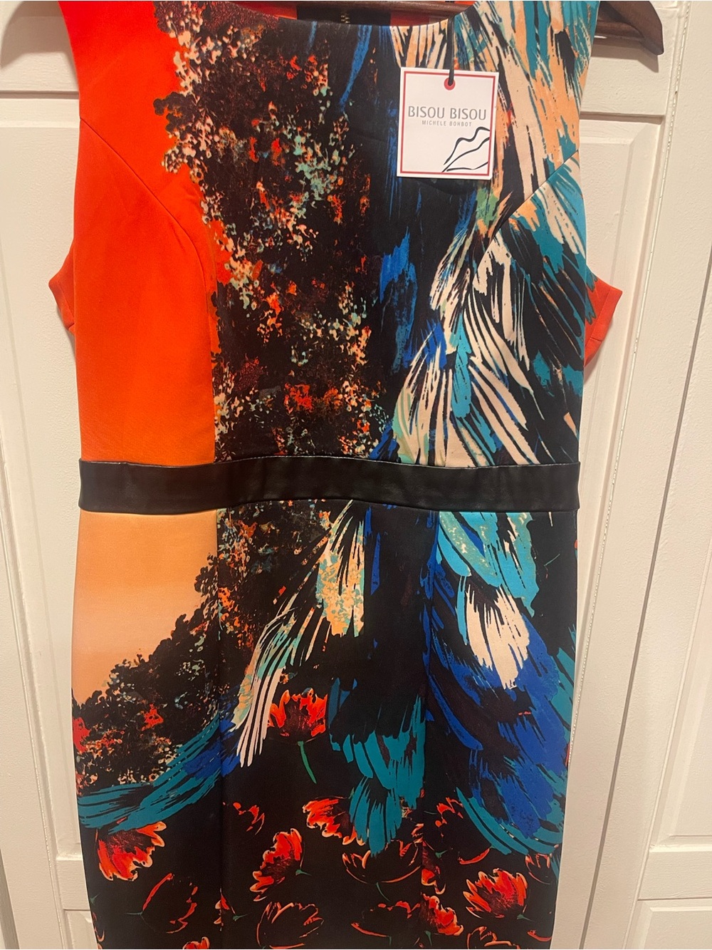 Bisou Bisou Orange, Blue and Black Abstract Floral Sheath Dress
